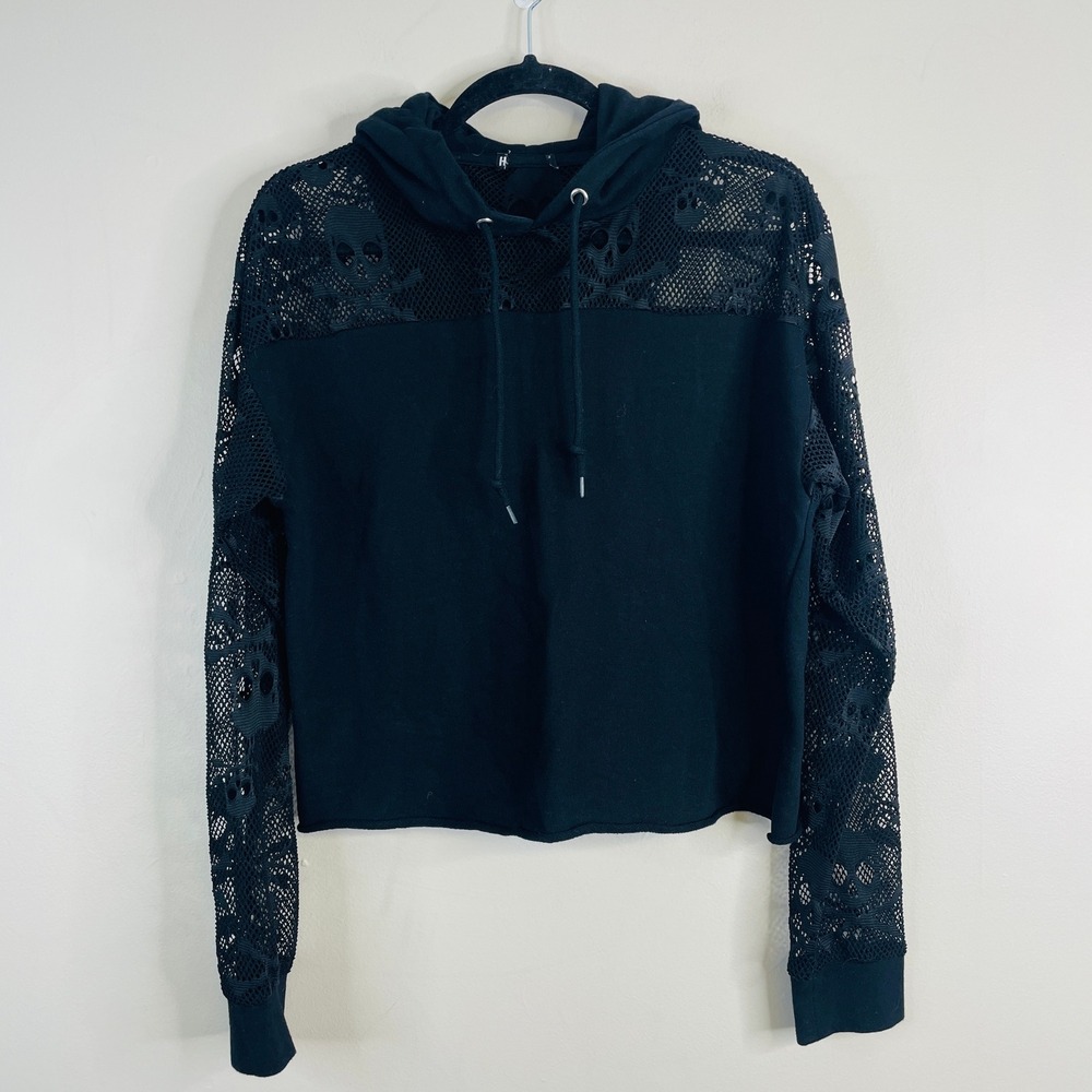 Hot Topic Y2K Mesh Skull Knit Hoodie Jacket Women Large Black Gothic Grunge Punk